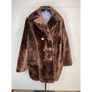 Faux fir coat brown double breasted 1970s